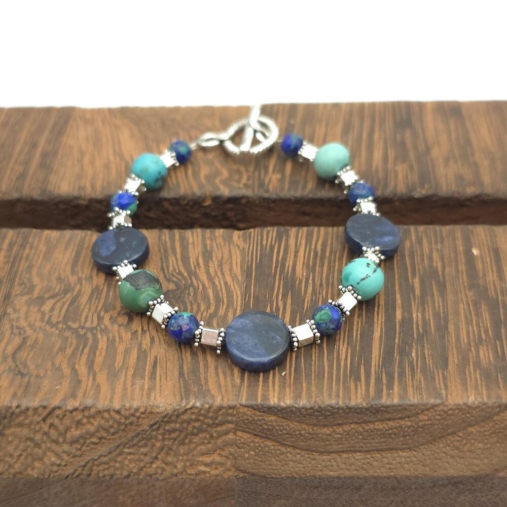 7 Inch Sterling Silver Sodalite Azurite Stones Bracelet B190